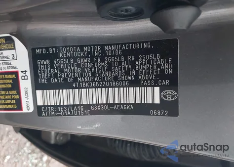 2007 Toyota Avalon Xls from USA, damaged, VIN 4T1BK36B27U186006